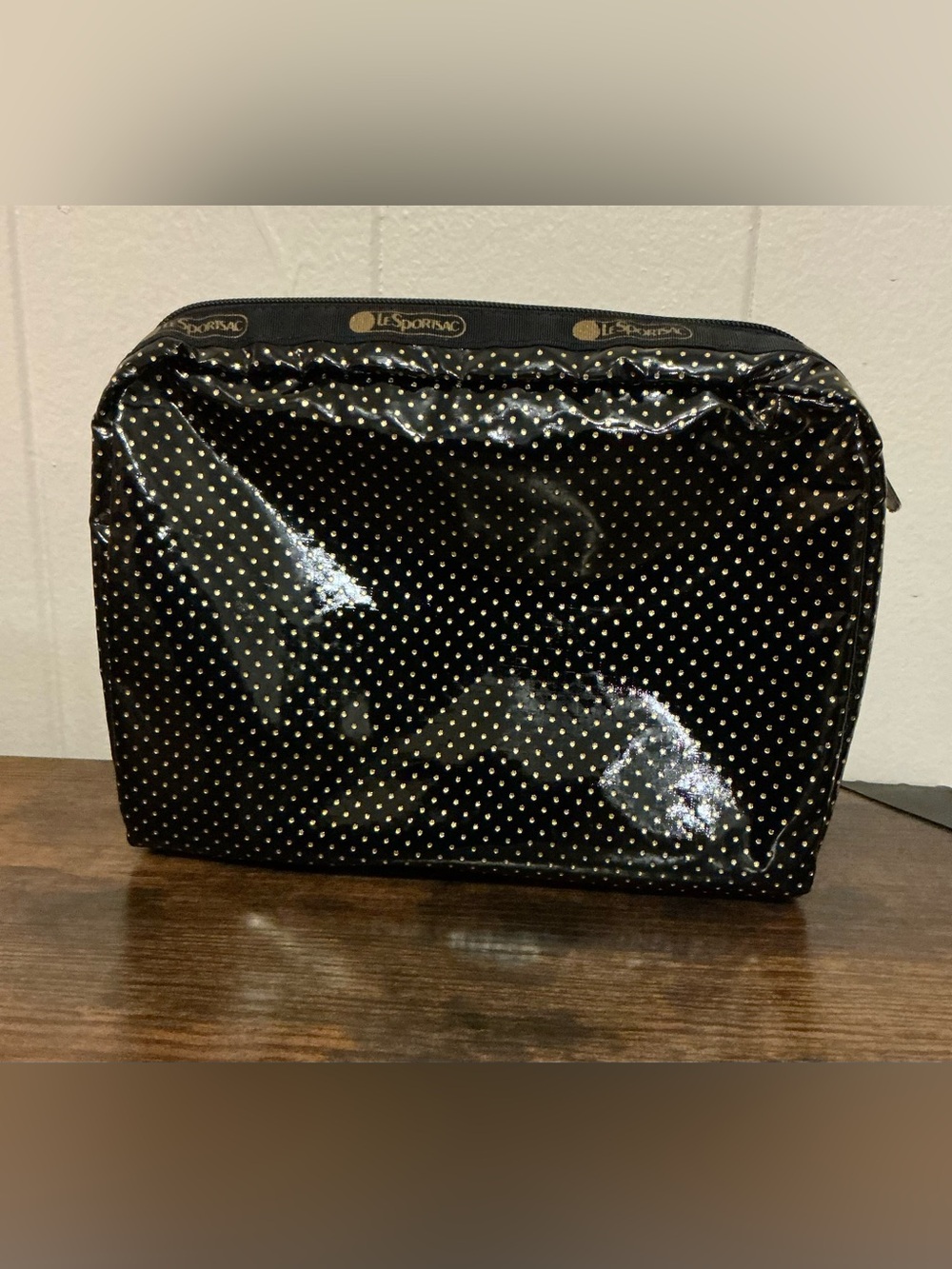 A Rare NWOT LeSportsac Gold Glitter Dots Print Large Cosmetic Zip Makeup Bag